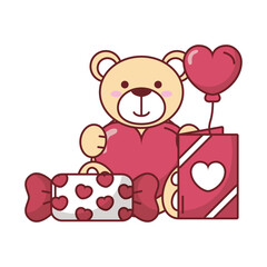 Teddy bear with card candy and heart balloon vector design