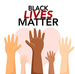 Black lives matter with diverse people raising hands in different races, colors or nationality. Motivational poster, card or banner against racism and discrimination. Flat vector