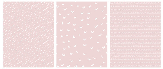 Fototapeta premium Abstract Hand Drawn Childish Style Vector Patterns. White Stripes, Arches and Lines with Loops on a Pastel Pink Background. Modern Geometric Seamless Pattern. Irregular Freehand Repeatable Print.