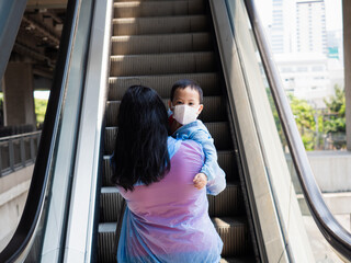 Asian child wearing white face mask to prevent Coronavirus