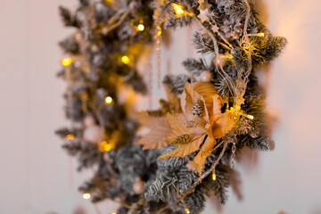 Interior Merry Christmas. Magic luminous Christmas tree with New Year's gifts and toys, fireplace, gifts. New Years is soon!