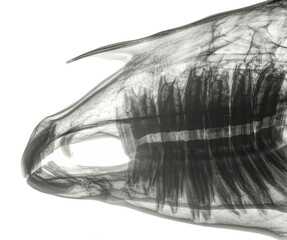 X-ray of the skull of a horse, side view, blue. Upper jaw and mandible open with giant teeth. Isolated on white