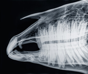 X-ray of the skull of a horse, side view. Upper jaw (maxilla) and mandible closed with giant teeth. Black and white photo