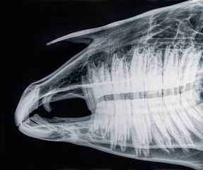 X-ray of the skull of a horse, side view. Upper jaw (maxilla) and mandible closed with giant teeth....