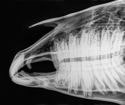 X-ray of the skull of a horse, side view, blue. Upper jaw and mandible open with giant teeth