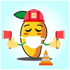 Cute mango fire fighter cartoon face character holding axes design