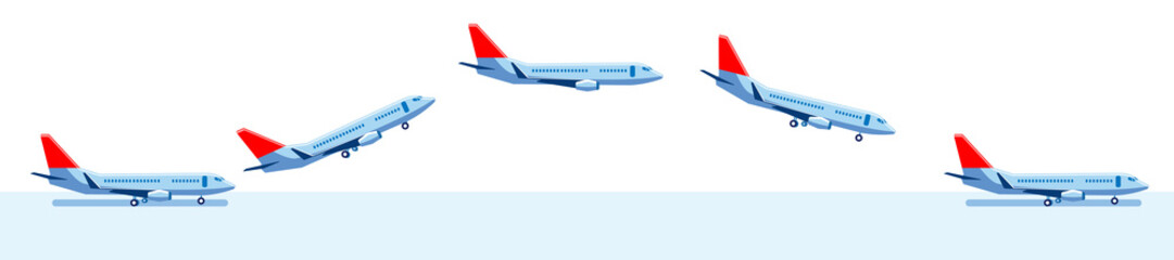 A set of images of an airplane on the runway, in flight, and landing. Vector set of icons on the theme of air transportation. © Юлия Прыкина