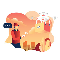 vector illustration of delivery man who use drone technology shipping a package in city