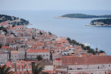 Beautiful view of Hvar old town on the sea shore.