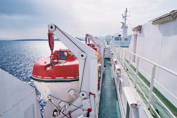 Sailing transportation. Deck of the ferry boat.