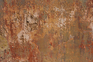 Rusty damaged cement wall with peeling paint and stains