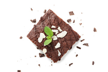 Homemade brownie with dark chocolate isolated on white background.	

