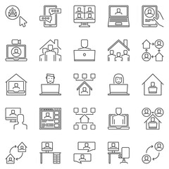 Work at Home outline icons set - remote or freelance work concept linear vector symbols or design elements