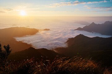 Beautiful mountains landscape. Sunrise on Phu Chi Fa, North Thailand.