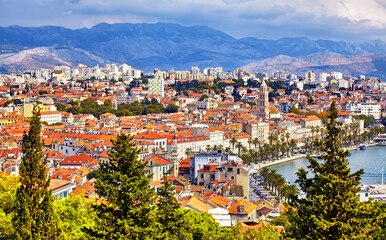 Obraz premium Split historic waterfront panoramic aerial view, Dalmatia, Croatia