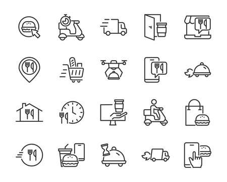 set of food delivery icons, menu, shopping online
