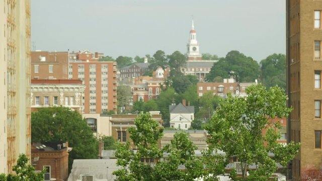 Establishing shot of charming old Southeast town with a tall clock tower with trees blowing in the foreground