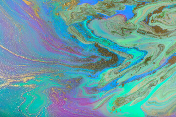 Fototapeta na wymiar Beautiful purple, turquoise and gold ripplle pattern. Vivid marble background.
