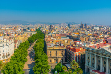 Aerial view of La Rambla boulevard in Barcelona, Spain