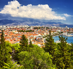 Fototapeta na wymiar The Split waterfront and Marjan hill aerial view, Dalmatia, Croatia