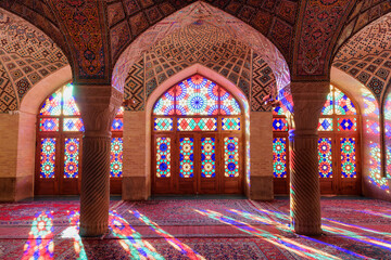Fototapeta na wymiar Gorgeous morning view inside the Nasir al-Mulk Mosque, Iran