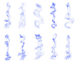 Vector set of blue beautiful smoke brushes. Curve smoke lines illustration