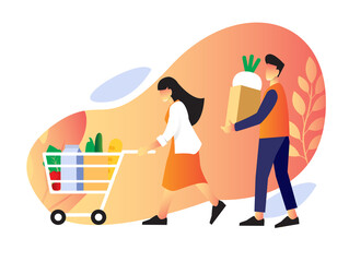 Vector illustration of  couple who buy a food from grocery market its good for social media