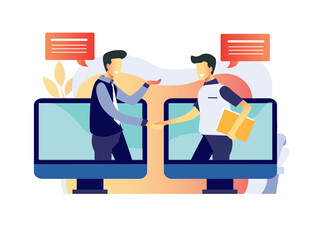 Vector illustration of  two man hand shake in front of monitor its good for online job recruitment interview