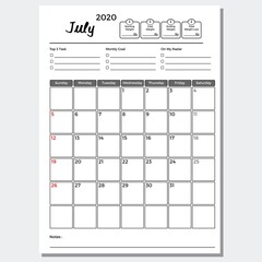 Monthly planner page, July 2020