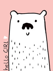 Hello Girl. Cute Hand Drawn White Teddy Bear Vector Illustration. Lovely Nursery Art with Funny Smiling Big Bear. White Bear Isolated on a Light Pink Background. Kids Room Decoration.