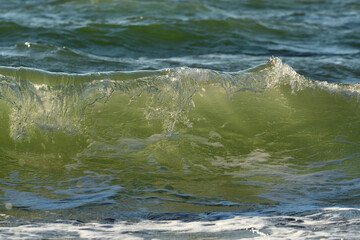 Sea or ocean, waves close-up view. Green - yellow waves sea water.