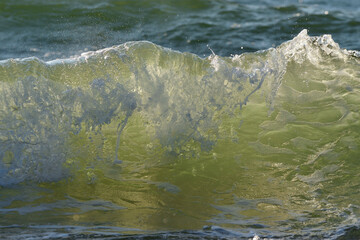 Sea or ocean, waves close-up view. Green - yellow waves sea water.