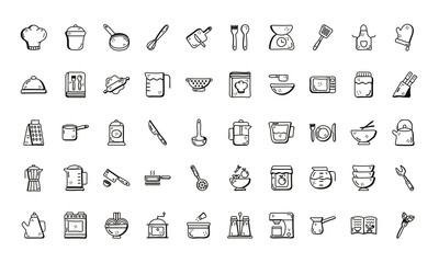 Cook and kitchen line style icon set vector design