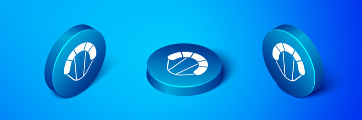 Isometric Parachute icon isolated on blue background. Extreme sport. Sport equipment. Blue circle button. Vector Illustration.