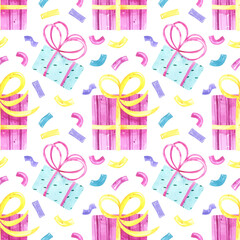 Seamless pattern birthday elements watercolor, party background. Happy birthday, Baby shower. Invitation card. Party, confetti, gift, balloon. Party celebrations accessories. 