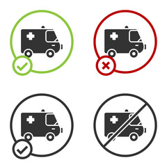 Black Ambulance and emergency car icon isolated on white background. Ambulance vehicle medical evacuation. Circle button. Vector Illustration.