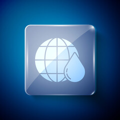 White Earth planet in water drop icon isolated on blue background. World globe. Saving water and world environmental protection. Square glass panels. Vector Illustration.