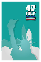 Liberty statue in front of city buildings of 4th july vector design