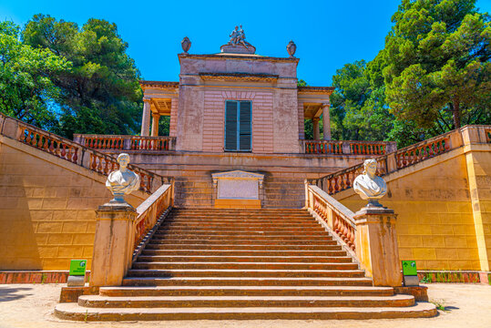 Neoclassical pavillion at Parc del Laberint d'Horta in Barcelona, Spain