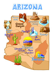 Vector illustration Arizona map  with countrysides and state symbols