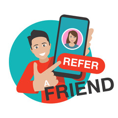 Refer a friend - referral program creative circular banner - young man holding phone and shows his friends (people icons, avatars) - vector illustration for web service