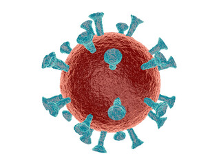 Coronavirus cells or bacteria molecule. Virus Covid-19. Virus isolated on white. Close-up of Flu, view of a virus under a microscope, infectious disease. Bacteria, cell infected organism. 3d Rendering