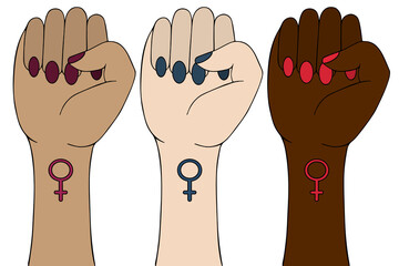 Clenched fist. Symbol of the feminist movement. The struggle for the rights of women around the world. Set of vector illustrations. Hand on an isolated background. On hands a tattoo a gender sign. 