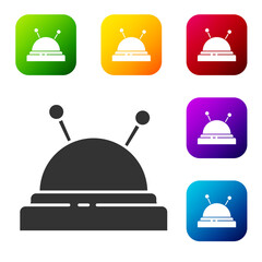 Black Needle bed and needles icon isolated on white background. Handmade and sewing theme. Set icons in color square buttons. Vector Illustration.