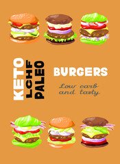 Vector illustration keto lchf paleo diet burger posters set