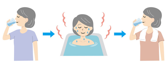 入浴前後に水分補給をする高齢女性
