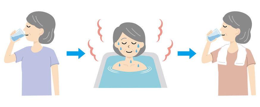 入浴前後に水分補給をする高齢女性