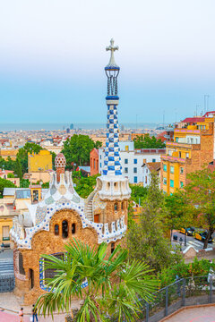 Sunset view of Parc Guell in Barcelona, Spain