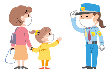 女性警備員　買い物客　マスク