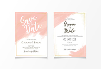 Peach color wedding invitation card template with paint brush style and glitters for save the date, invitation or greeting card. Vector design